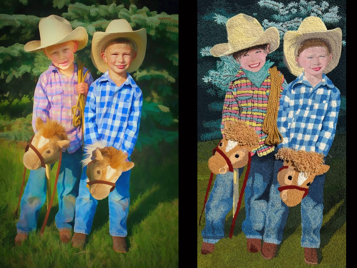A photo of two young cowboys beside the same picture re-imagined as a hooked rug of wool loops, side by side